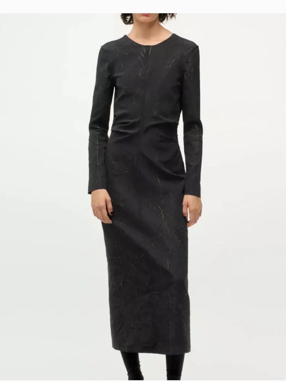 Zara Black Long Sleeve Midi Dress with Subtle Gold Threading